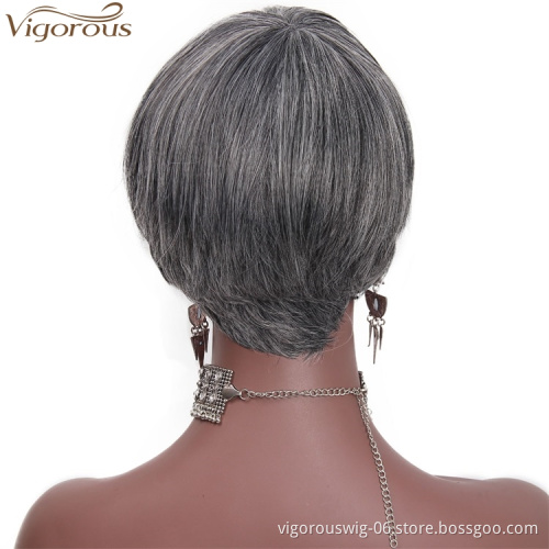 Vigorous Dark Grey Short Straight Hair Wigs with Inclined Bangs Synthetic Heat Resistant Fiber Black Gray Women Hair Wigs
